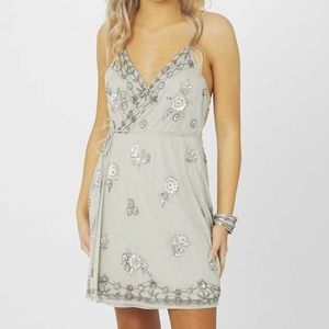 Altar’d State Grace Grey Beaded Fit and Flare Mini Dress Sz Small